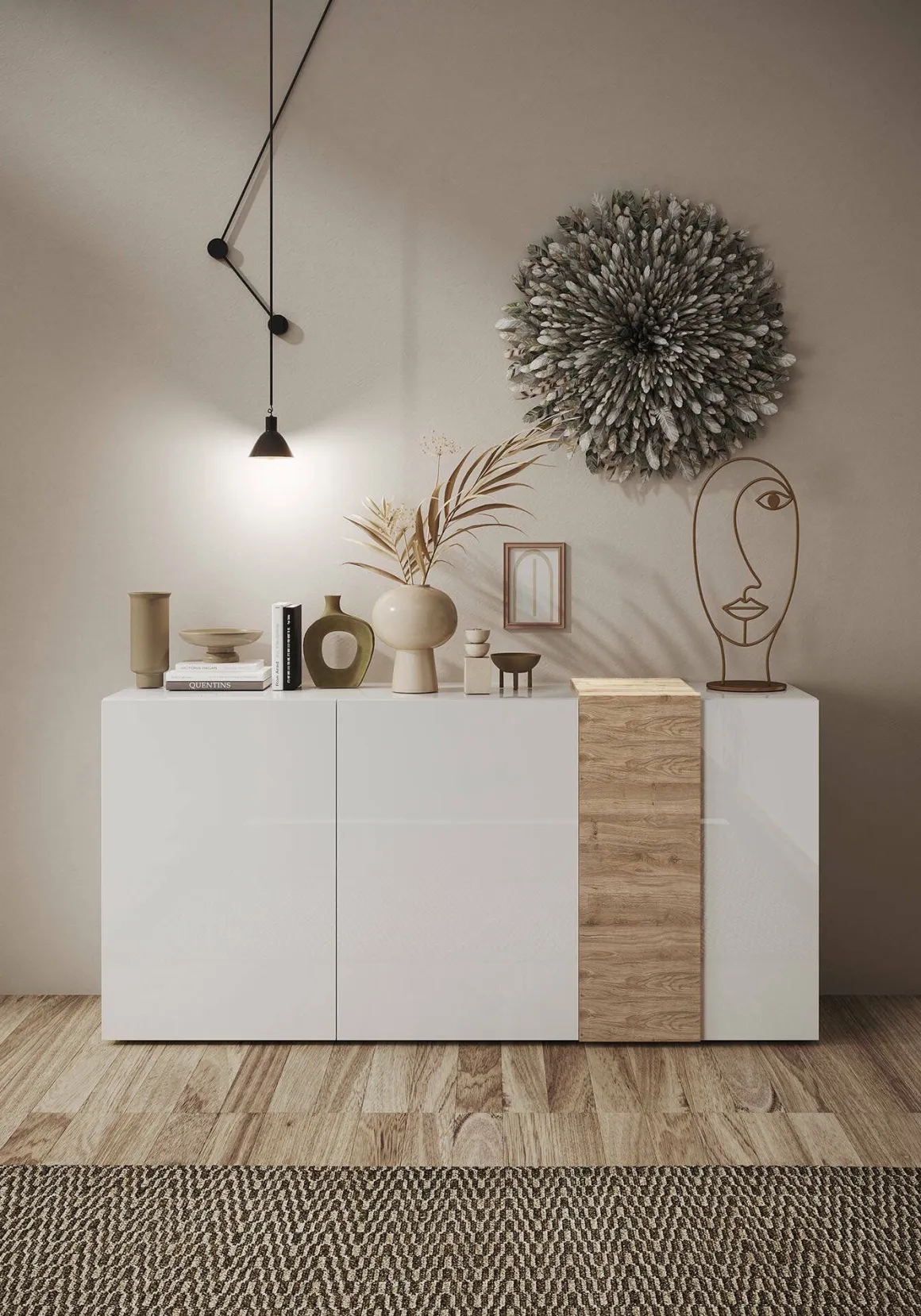 Credenza rovere nodi e bianco lucida 181x44x86h cm 3 ante - Jerry