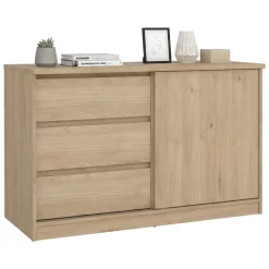 Madie|Credenze > Dmora Credenza rovere 118x50x75h cm 1 anta e 3 cassetti - Bebinca Marrone Rovere