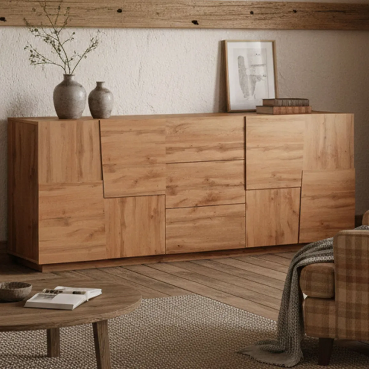 Cucina|Madie > Dmora Credenza rovere 220x44x86h cm 4 ante e 3 cassetti - Astel Marrone Rovere