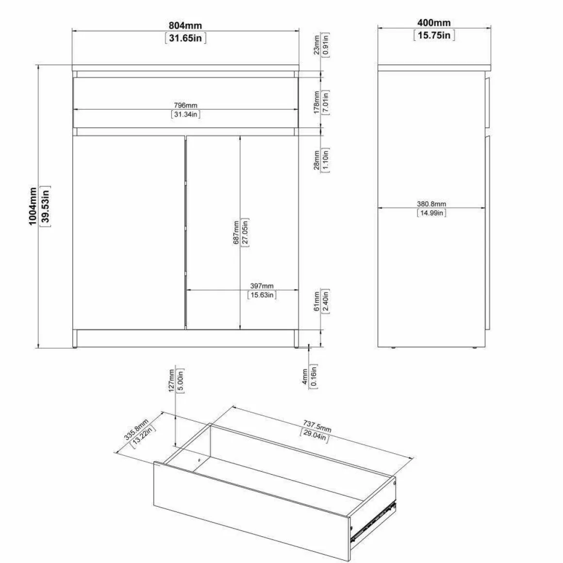 Credenza rovere 80x40x100h cm 2 ante e 1 cassetto - Genziana