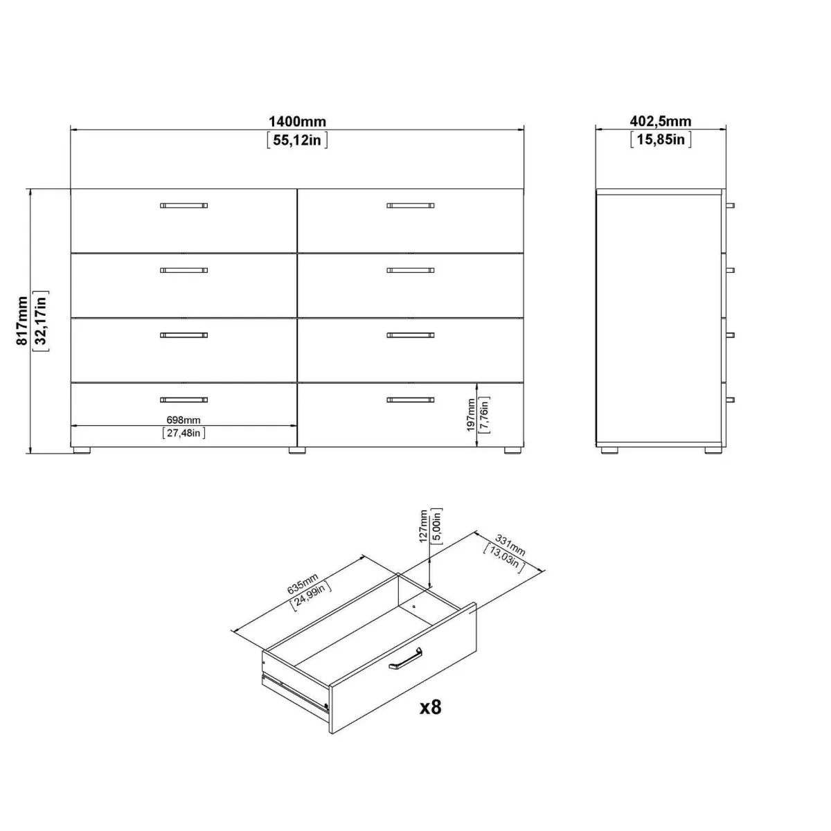 Madie|Credenze > Dmora Credenza rovere 140x40x81h cm 8 cassetti - Acetosella Marrone Noce