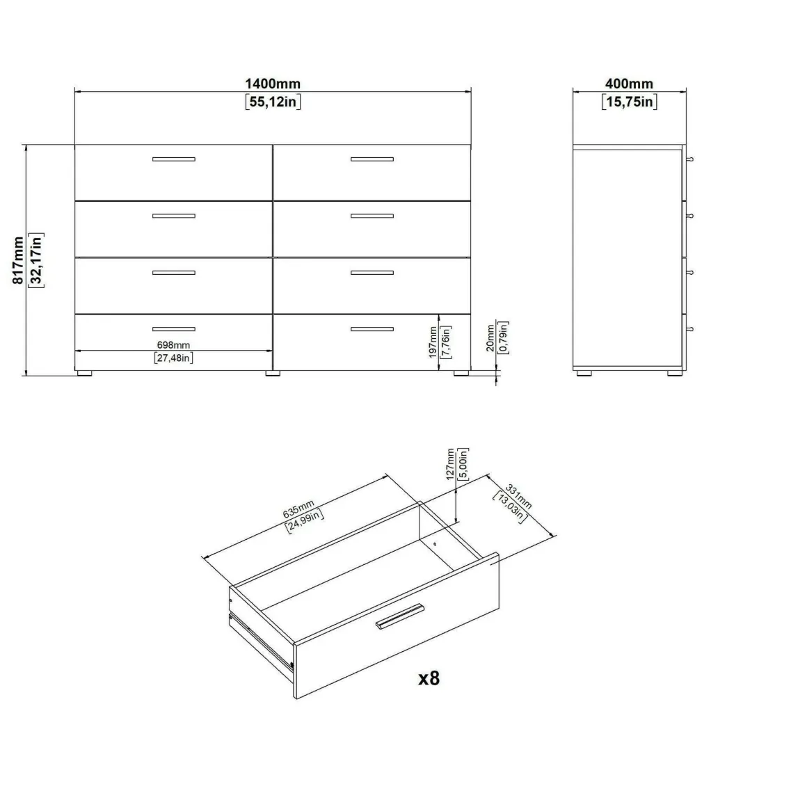 Credenza rovere 140x40x81h cm 8 cassetti - Phethai