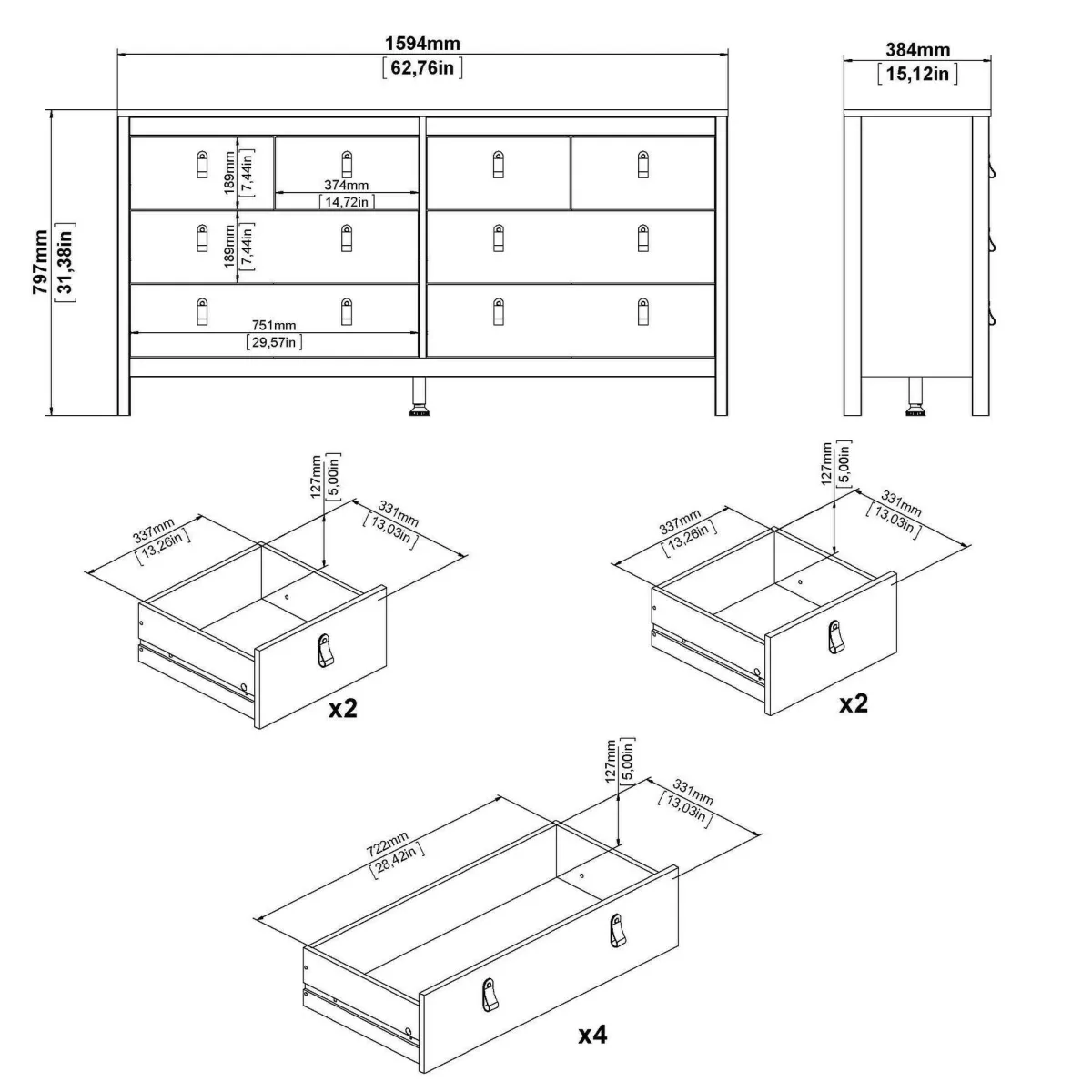Madie|Credenze > Dmora Credenza rovere 159x38x79h cm 8 cassetti - Kovsova Marrone Rovere