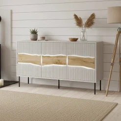 Madie|Credenze > Dmora Credenza Saliceto, 144x40 h80 cm, Beige e Rovere Nodi Beige Cashmere