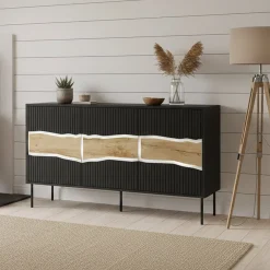 Credenza Saliceto, 144x40 h80 cm, Nero e Rovere Nodi
