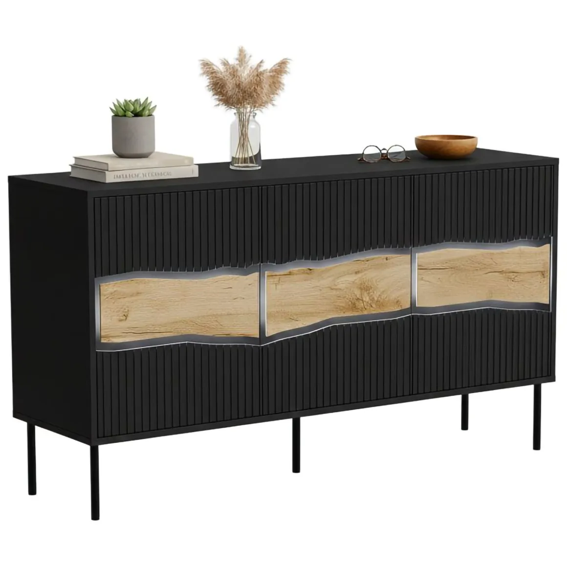Credenza Saliceto, 144x40 h80 cm, Nero e Rovere Nodi