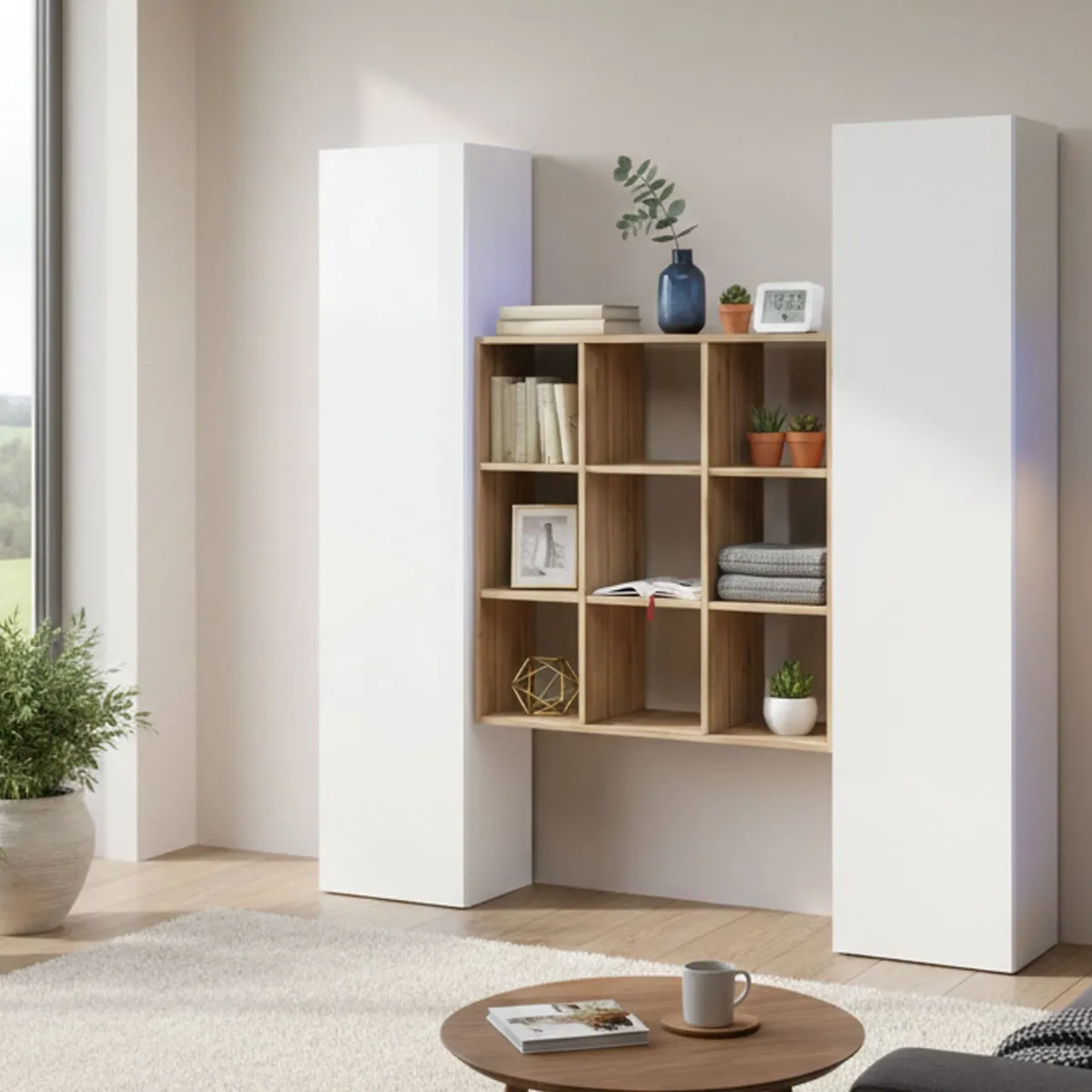 Cucina|Madie > Dmora Credenza slim bianco lucida e acero 40x30x180h cm 2 ante - Acerenza Marrone Acero, Bianco Lucido