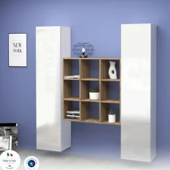 Cucina|Madie > Dmora Credenza slim bianco lucida e acero 40x30x180h cm 2 ante - Acerenza Marrone Acero, Bianco Lucido