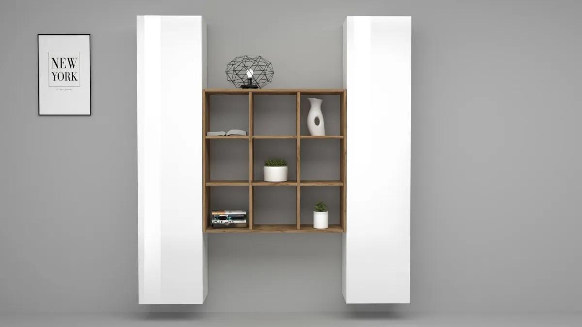 Cucina|Madie > Dmora Credenza slim bianco lucida e acero 40x30x180h cm 2 ante - Acerenza Marrone Acero, Bianco Lucido