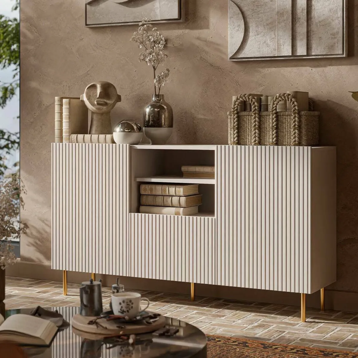 Madie|Credenze > Dmora Credenza Stornara, 150x42 h82 cm, Beige Beige Cashmere