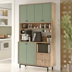 Madie|Credenze > Dmora Credenza Verde Marrone Rovere 2 Cassetti 4 Ripiani 120x36x205h cm, Apertura Battente, Scorrevole - Pianella Marrone, Verde Rovere
