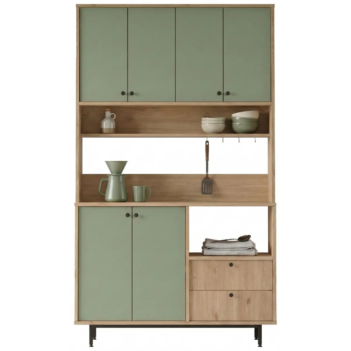 Madie|Credenze > Dmora Credenza Verde Marrone Rovere 2 Cassetti 4 Ripiani 120x36x205h cm, Apertura Battente, Scorrevole - Pianella Marrone, Verde Rovere