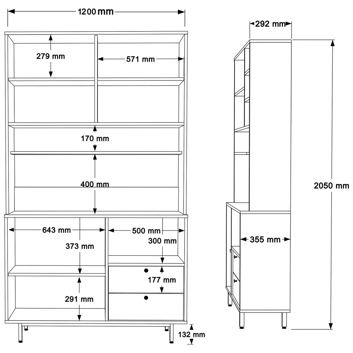 Madie|Credenze > Dmora Credenza Verde Marrone Rovere 2 Cassetti 4 Ripiani 120x36x205h cm, Apertura Battente, Scorrevole - Pianella Marrone, Verde Rovere