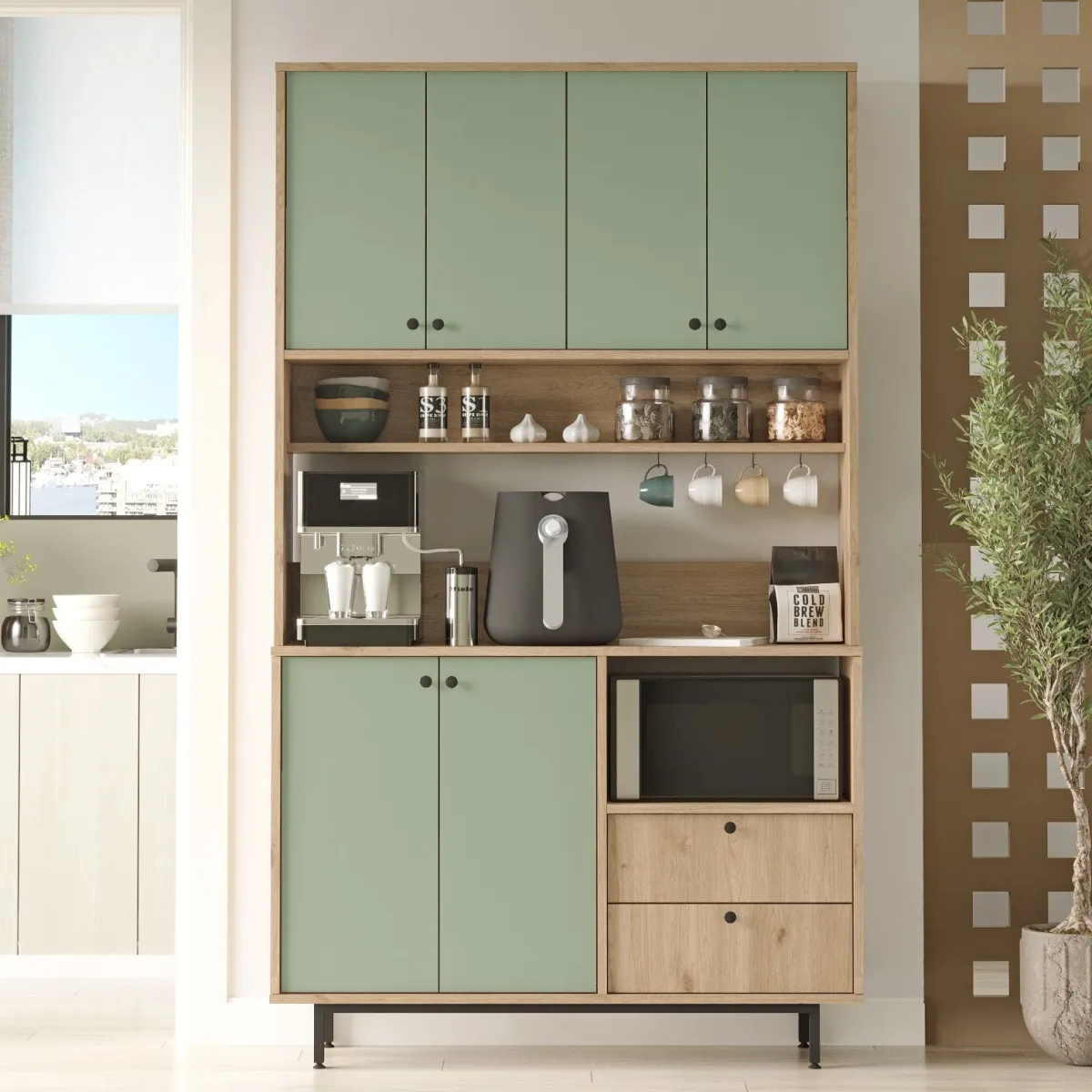 Madie|Credenze > Dmora Credenza Verde Marrone Rovere 2 Cassetti 4 Ripiani 120x36x205h cm, Apertura Battente, Scorrevole - Pianella Marrone, Verde Rovere