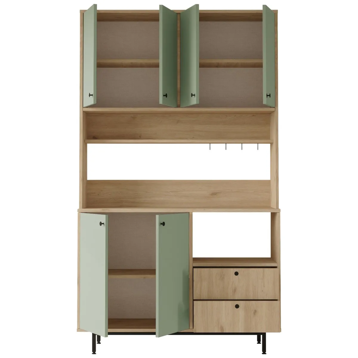 Madie|Credenze > Dmora Credenza Verde Marrone Rovere 2 Cassetti 4 Ripiani 120x36x205h cm, Apertura Battente, Scorrevole - Pianella Marrone, Verde Rovere