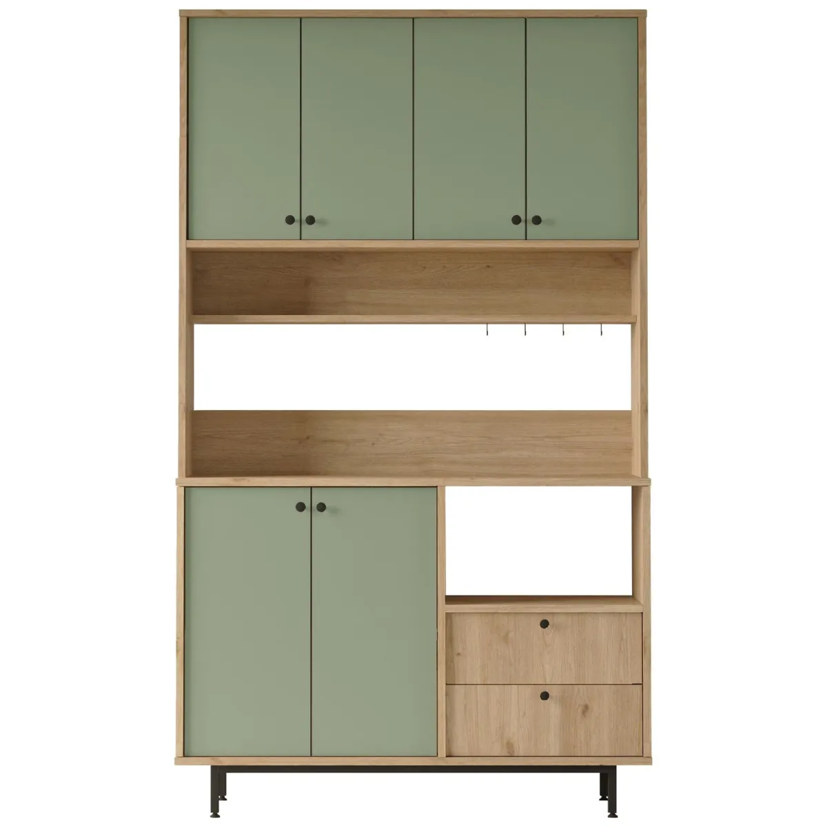 Madie|Credenze > Dmora Credenza Verde Marrone Rovere 2 Cassetti 4 Ripiani 120x36x205h cm, Apertura Battente, Scorrevole - Pianella Marrone, Verde Rovere