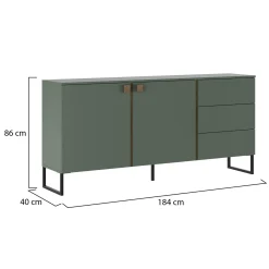 Credenza Verde Marrone Rovere 3 Cassetti 2 Ripiani 184x40x86h cm, Apertura Battente - Camere