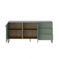 Credenza Verde Marrone Rovere 3 Cassetti 2 Ripiani 184x40x86h cm, Apertura Battente - Camere