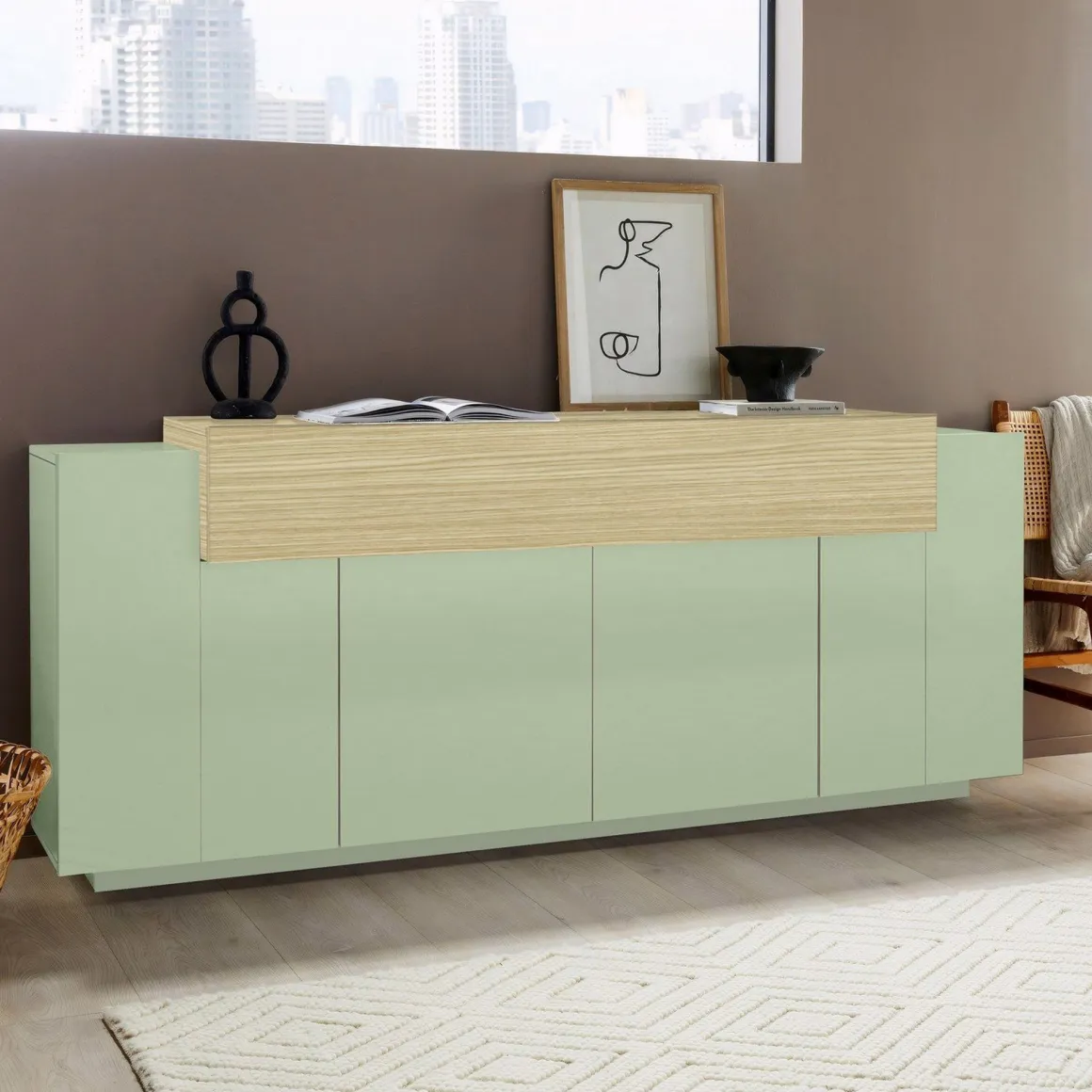 Credenza Verde 3 Ripiani Apertura Battente, a Ribalta 200x45x85.5h cm, 5 Ante - Pulfero