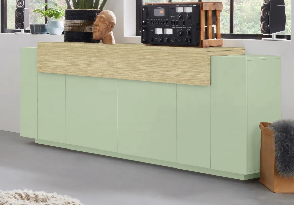 Credenza Verde 3 Ripiani Apertura Battente, a Ribalta 200x45x85.5h cm, 5 Ante - Pulfero