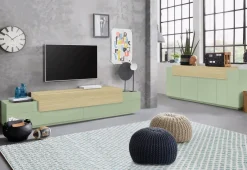Credenza Verde 3 Ripiani Apertura Battente, a Ribalta 200x45x85.5h cm, 5 Ante - Pulfero