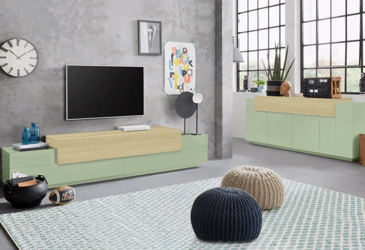 Credenza Verde 3 Ripiani Apertura Battente, a Ribalta 200x45x85.5h cm, 5 Ante - Pulfero
