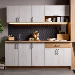 Cucina Bianco Larice Marrone Rovere un Cassetto 5 Ripiani, 9 Ante - Surano