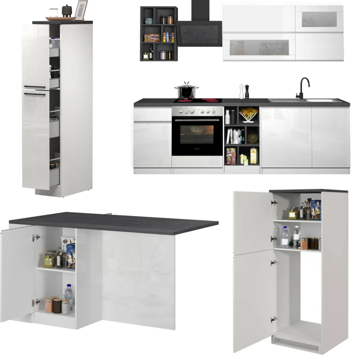 Cucine|Cucina > Dmora Cucina Bianco Lucido Grigio Ardesia 3 Cassetti 29 Ripiani, 12 Ante Made in Italy - Balme Grigio Ardesia, Bianco Lucido