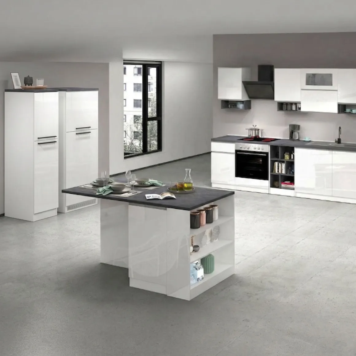 Cucine|Cucina > Dmora Cucina Bianco Lucido Grigio Ardesia un Cassetto 13 Ripiani, Modulabile Made in Italy - Fonti Grigio Ardesia, Bianco Lucido