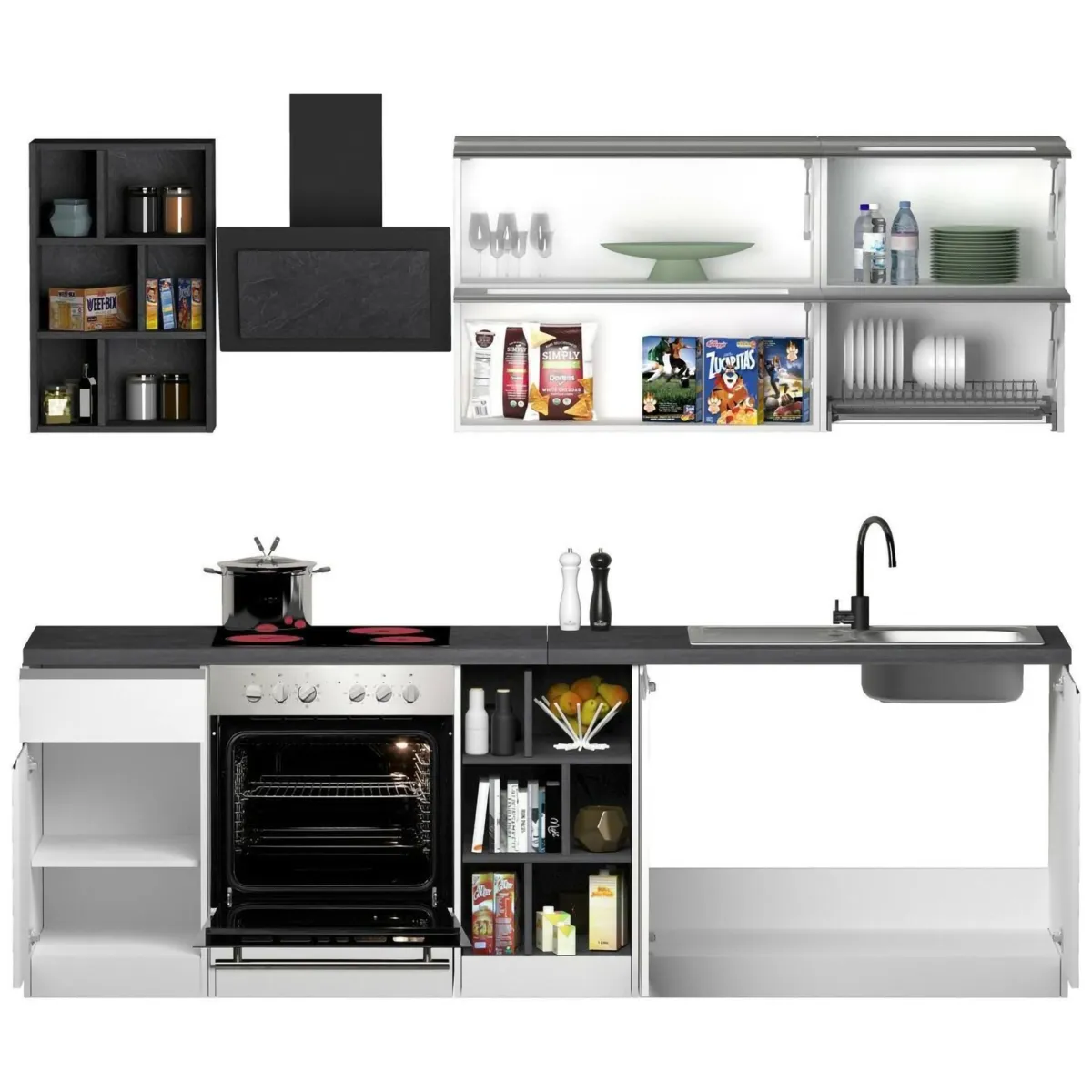Cucine|Cucina > Dmora Cucina Bianco Lucido Grigio Ardesia un Cassetto 13 Ripiani, Modulabile Made in Italy - Fonti Grigio Ardesia, Bianco Lucido