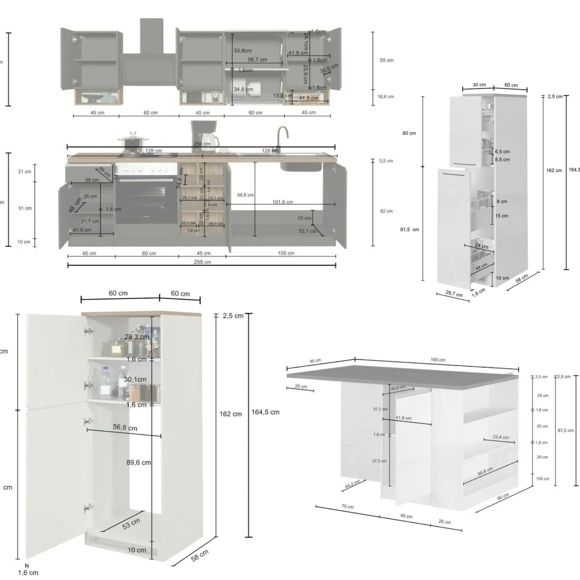 Cucine|Cucina > Dmora Cucina Bianco Lucido Grigio Ardesia un Cassetto 13 Ripiani, Modulabile Made in Italy - Fonti Grigio Ardesia, Bianco Lucido
