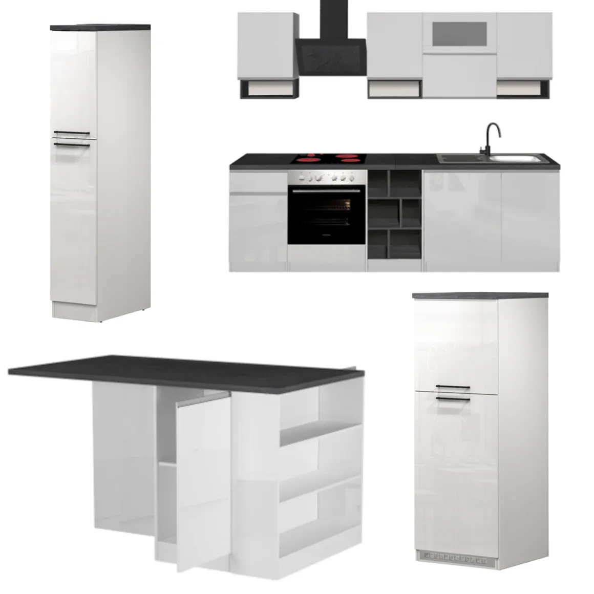Cucine|Cucina > Dmora Cucina Bianco Lucido Grigio Ardesia un Cassetto 13 Ripiani, Modulabile Made in Italy - Fonti Grigio Ardesia, Bianco Lucido