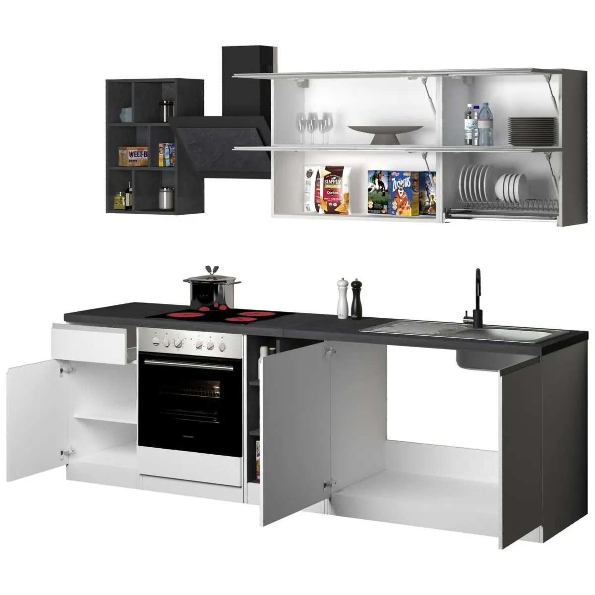 Cucine|Cucina > Dmora Cucina Bianco Lucido Grigio Ardesia un Cassetto 13 Ripiani, Modulabile Made in Italy - Fonti Grigio Ardesia, Bianco Lucido