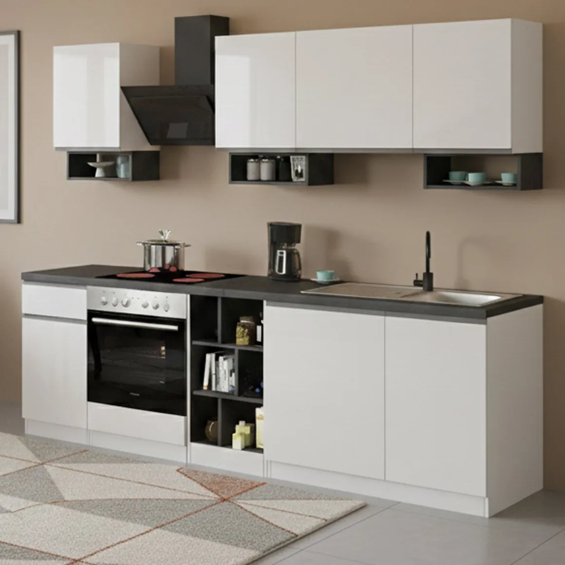 Cucine|Cucina > Dmora Cucina Bianco Lucido Grigio Ardesia un Cassetto 19 Ripiani, Modulabile Made in Italy - Attiko Grigio Ardesia, Bianco Lucido