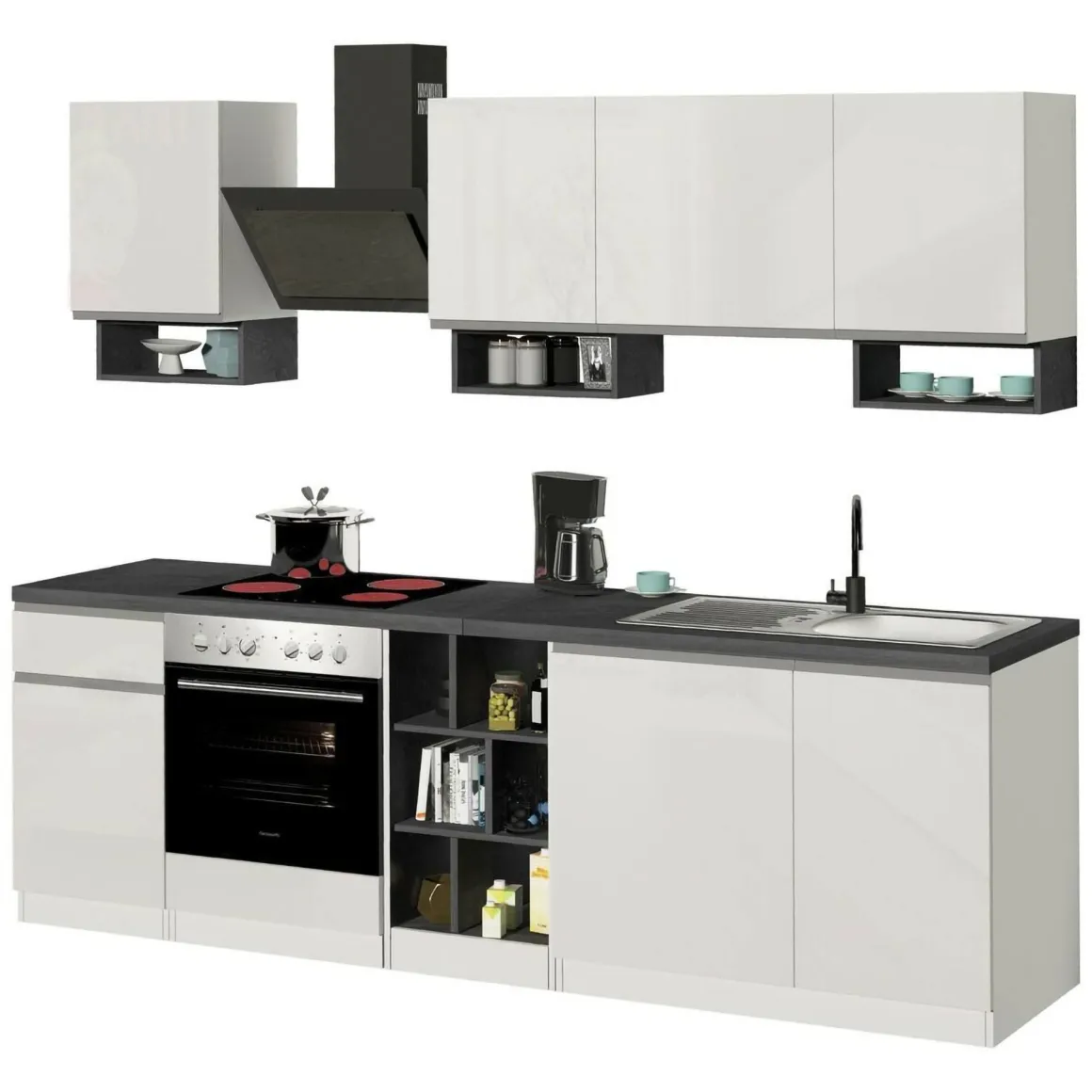 Cucine|Cucina > Dmora Cucina Bianco Lucido Grigio Ardesia un Cassetto 19 Ripiani, Modulabile Made in Italy - Attiko Grigio Ardesia, Bianco Lucido