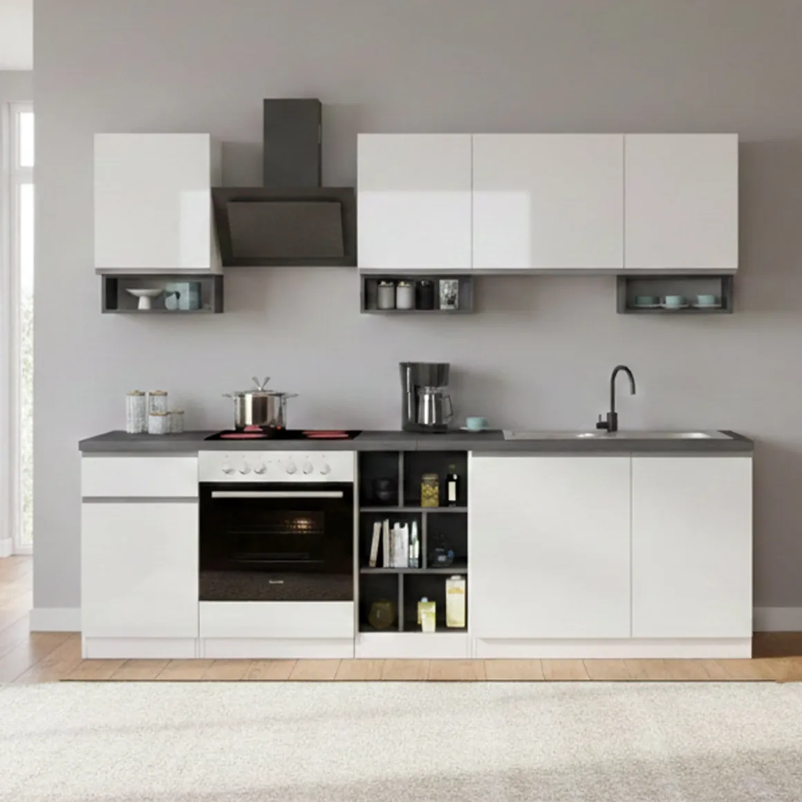 Cucine|Cucina > Dmora Cucina Bianco Lucido Grigio Ardesia un Cassetto 19 Ripiani, Modulabile Made in Italy - Attiko Grigio Ardesia, Bianco Lucido