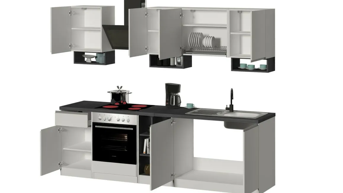 Cucine|Cucina > Dmora Cucina Bianco Lucido Grigio Ardesia un Cassetto 19 Ripiani, Modulabile Made in Italy - Attiko Grigio Ardesia, Bianco Lucido