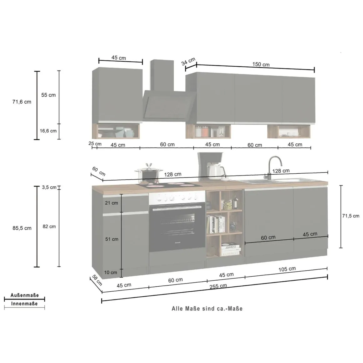 Cucine|Cucina > Dmora Cucina Bianco Lucido Grigio Ardesia un Cassetto 19 Ripiani, Modulabile Made in Italy - Attiko Grigio Ardesia, Bianco Lucido