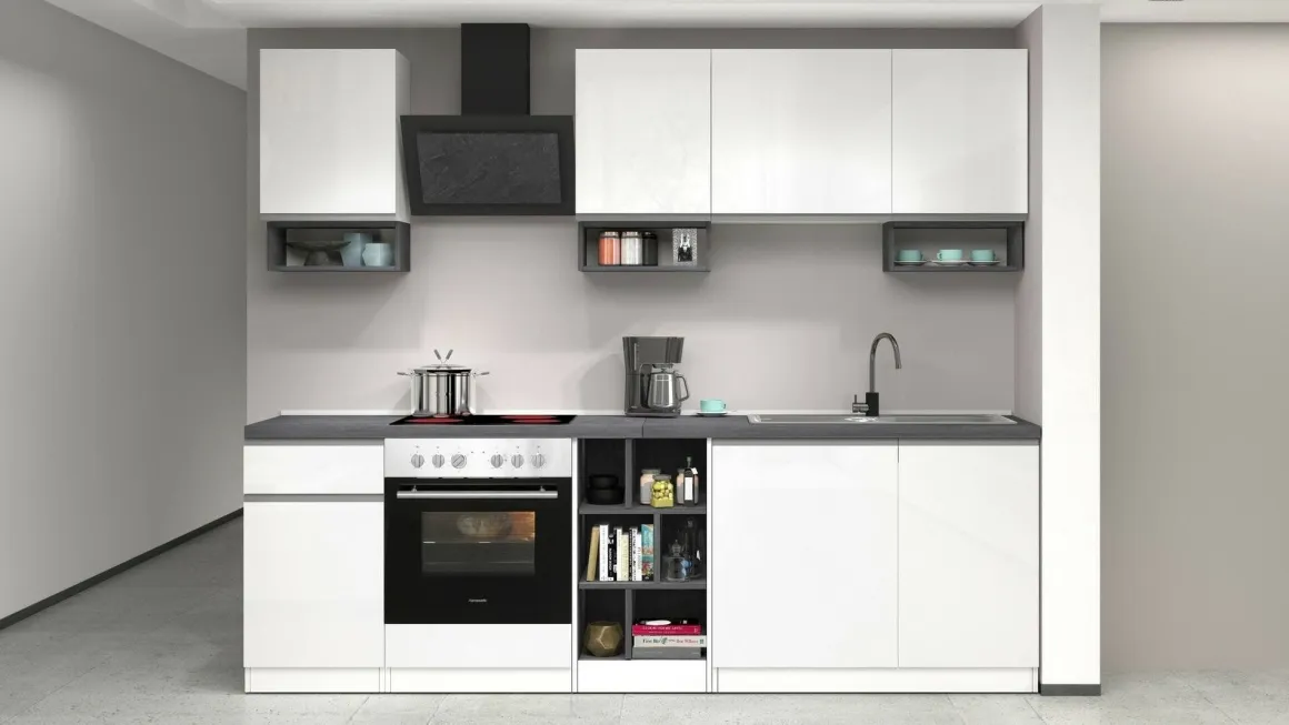Cucine|Cucina > Dmora Cucina Bianco Lucido Grigio Ardesia un Cassetto 19 Ripiani, Modulabile Made in Italy - Attiko Grigio Ardesia, Bianco Lucido