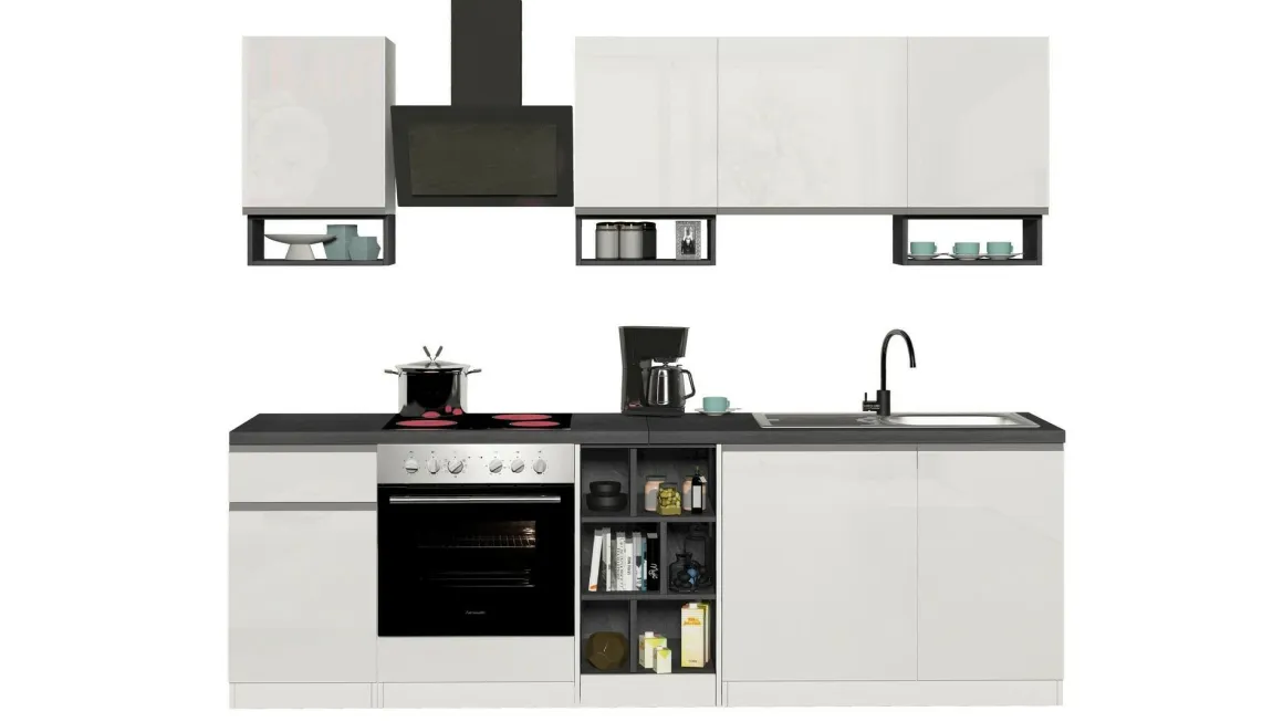Cucine|Cucina > Dmora Cucina Bianco Lucido Grigio Ardesia un Cassetto 19 Ripiani, Modulabile Made in Italy - Attiko Grigio Ardesia, Bianco Lucido