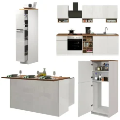 Cucina Bianco Lucido Marrone Rovere 3 Cassetti 30 Ripiani, Modulabile Made in Italy - Armend