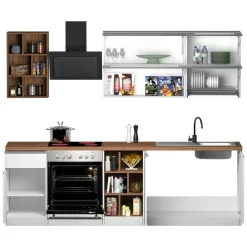 Cucine|Cucina > Dmora Cucina Bianco Lucido Marrone Rovere un Cassetto 19 Ripiani, Modulabile Made in Italy - Attiko Marrone Rovere, Bianco Lucido