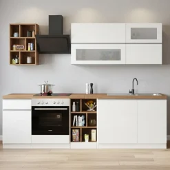 Cucine|Cucina > Dmora Cucina Bianco Lucido Marrone Rovere un Cassetto 19 Ripiani, Modulabile Made in Italy - Attiko Marrone Rovere, Bianco Lucido