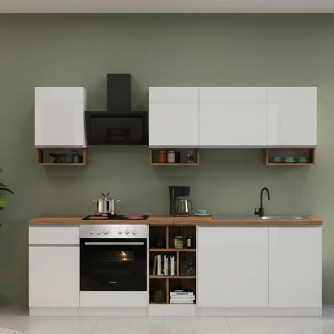 Cucina Bianco Lucido Marrone Rovere un Cassetto 19 Ripiani, Modulabile Made in Italy - Attimis