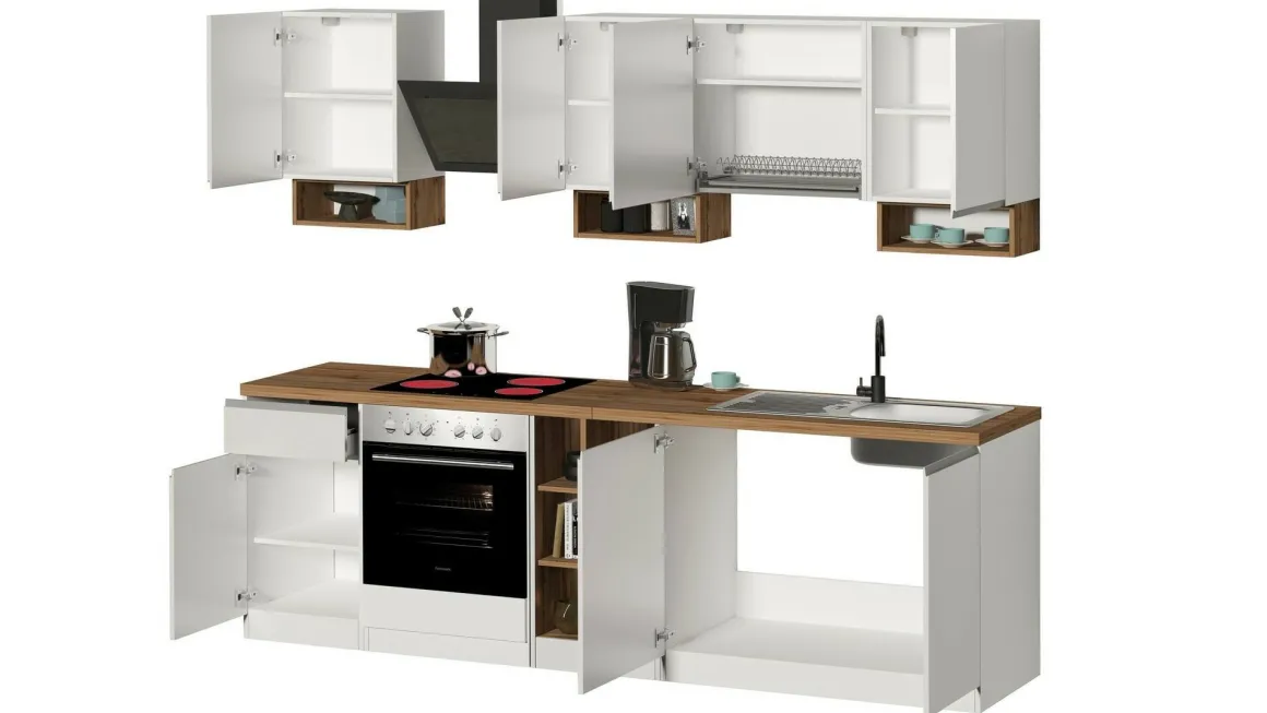Cucina Bianco Lucido Marrone Rovere un Cassetto 19 Ripiani, Modulabile Made in Italy - Attimis