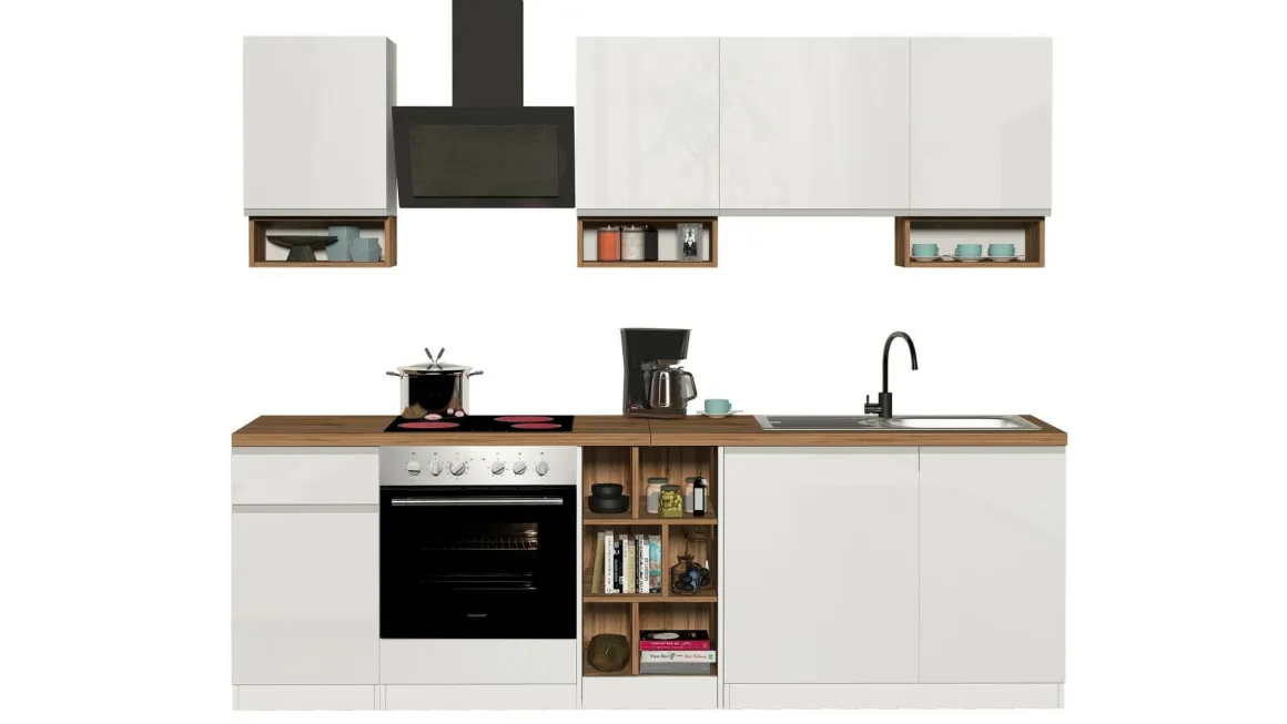 Cucina Bianco Lucido Marrone Rovere un Cassetto 19 Ripiani, Modulabile Made in Italy - Attimis
