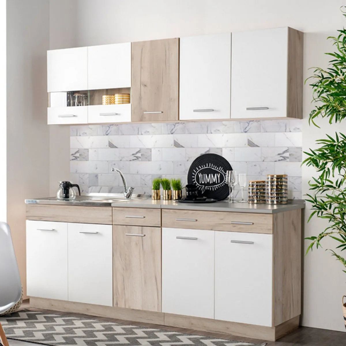 Cucine > Dmora Cucina Bianco Marrone Rovere 2 Cassetti 5 Ripiani, 10 Ante - Bornago Marrone, Bianco Rovere