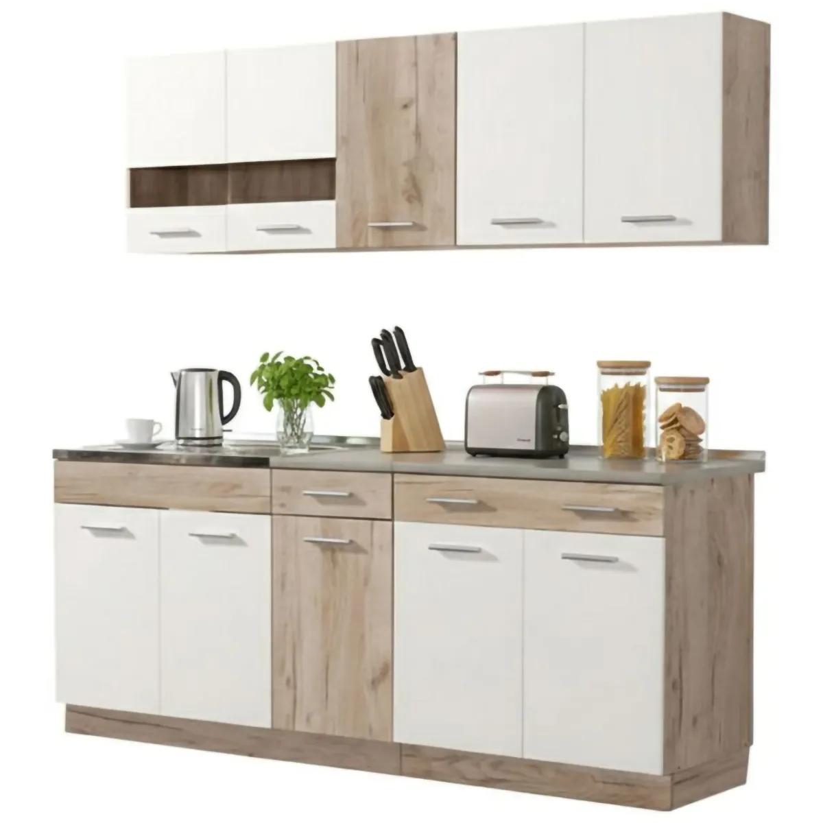 Cucine > Dmora Cucina Bianco Marrone Rovere 2 Cassetti 5 Ripiani, 10 Ante - Bornago Marrone, Bianco Rovere