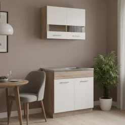 Cucina Bianco Marrone Rovere 2 Ripiani 4 Ante, Fori Piano Cottura e Lavello a Carico del Cliente - Taurano
