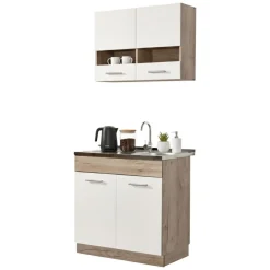 Cucina Bianco Marrone Rovere 2 Ripiani 4 Ante, Fori Piano Cottura e Lavello a Carico del Cliente - Taurano